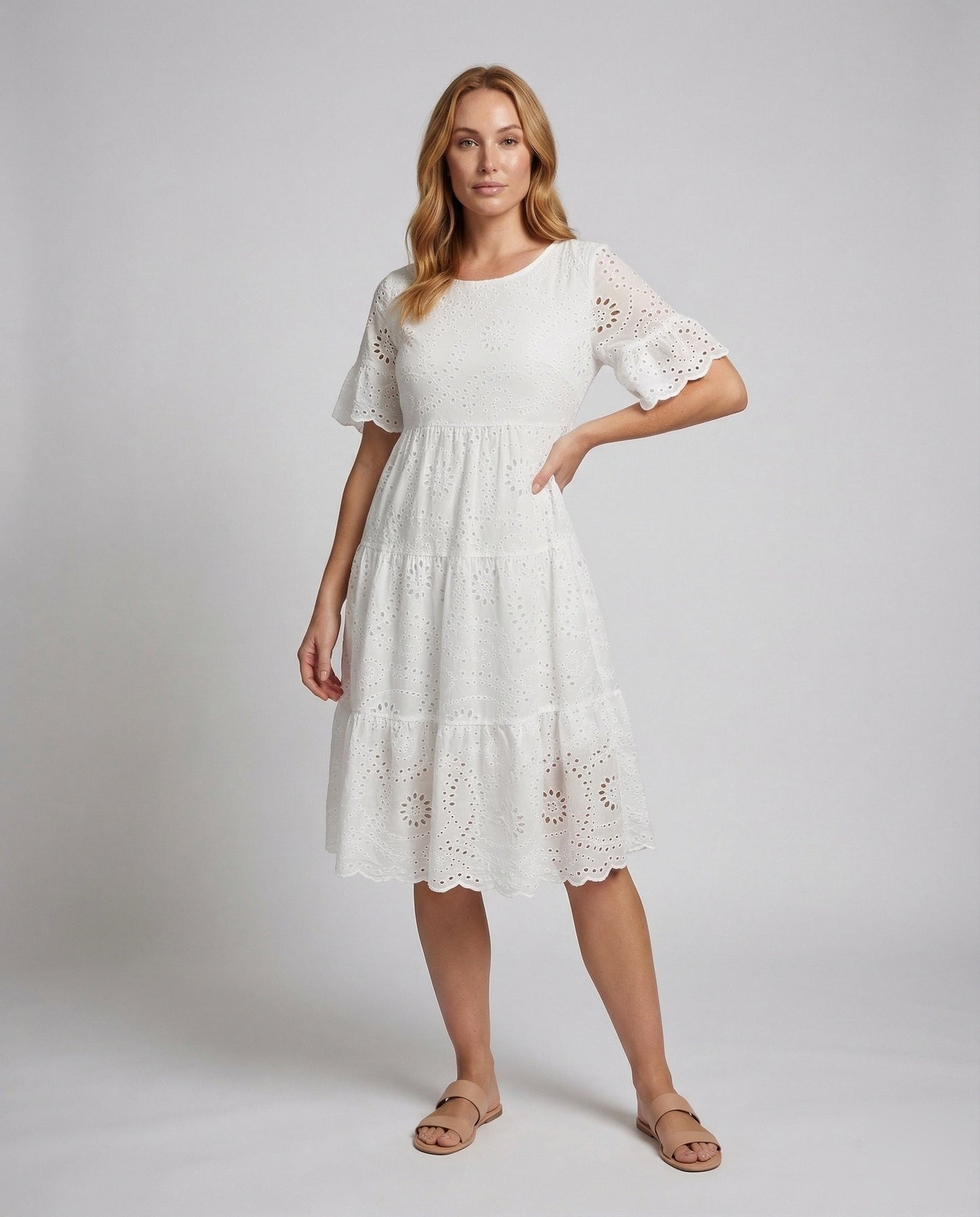 Damen Midikleid Broderie Anglaise Unterbrustnaht - Norvielle