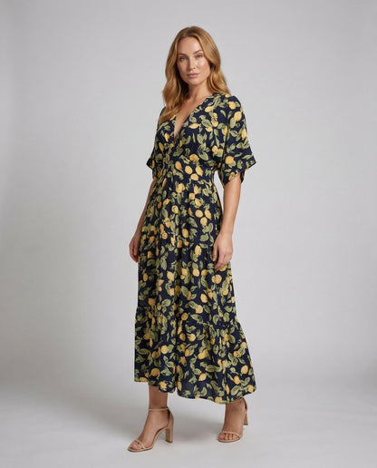 Damen Maxikleid Zitronenprint Volantrock - Norvielle