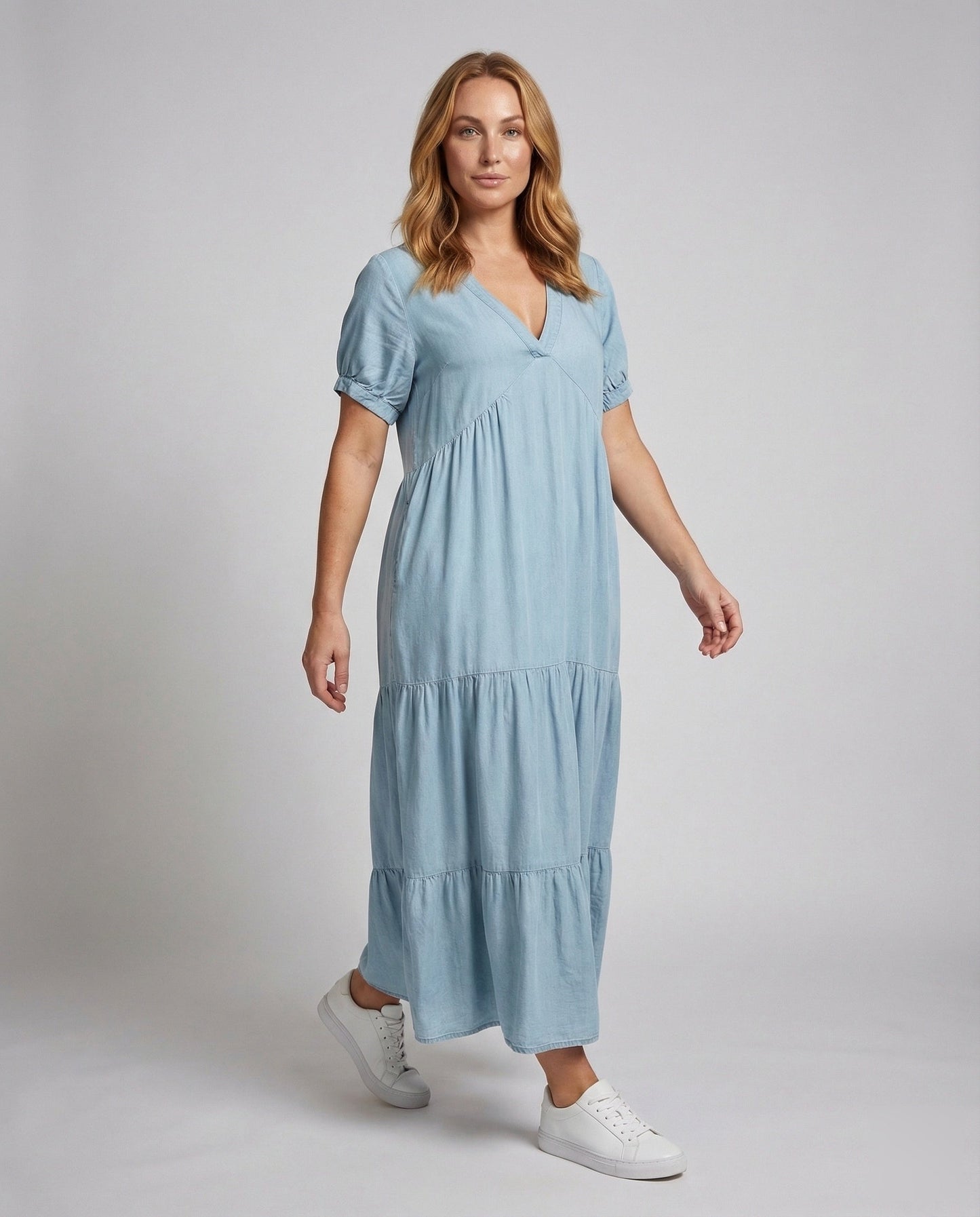 Damen Maxikleid Chambray Kurzärmel Gerafft - Norvielle