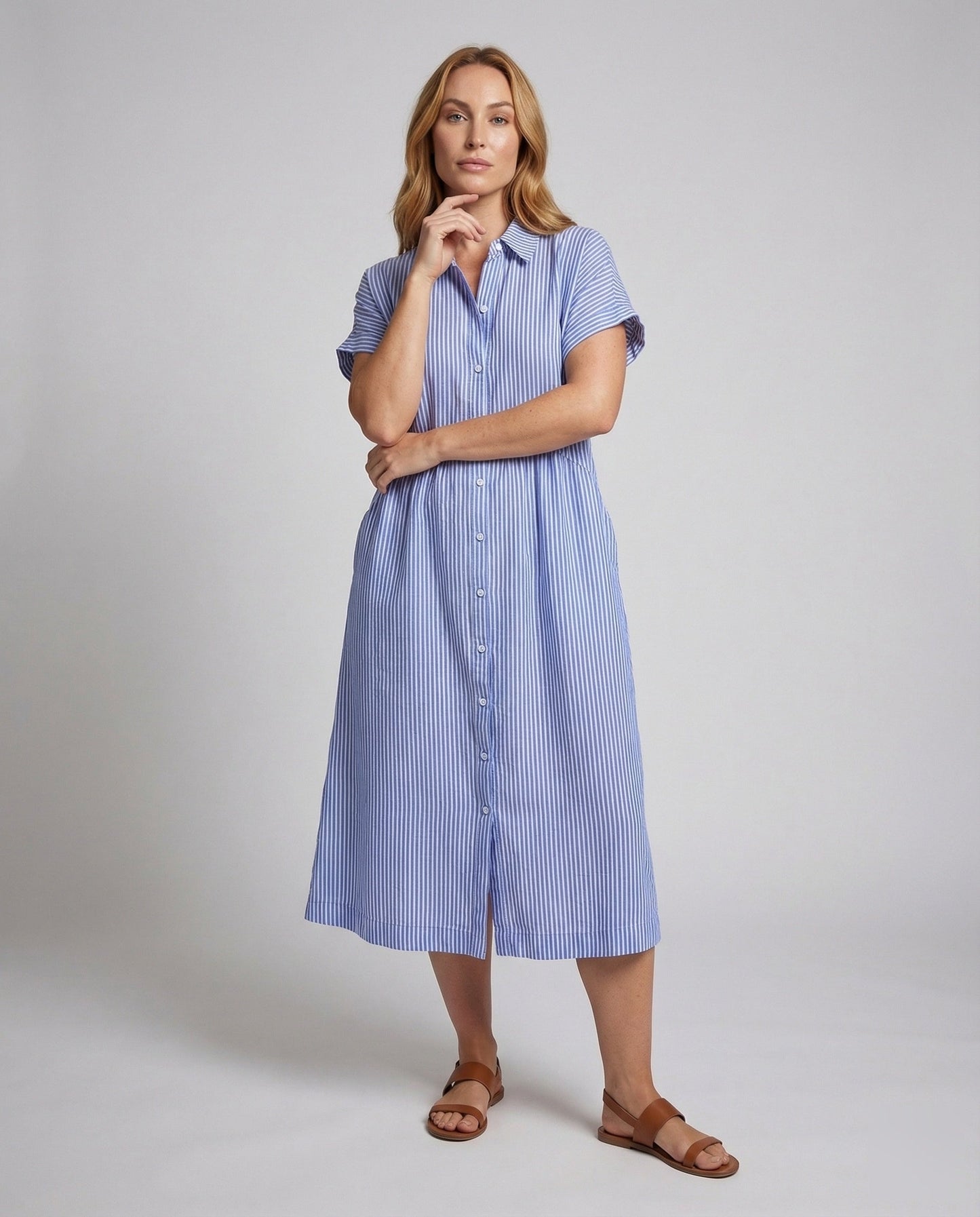 Damen Hemdkleid Midilänge Aufkrempelbare Ärmel - Norvielle