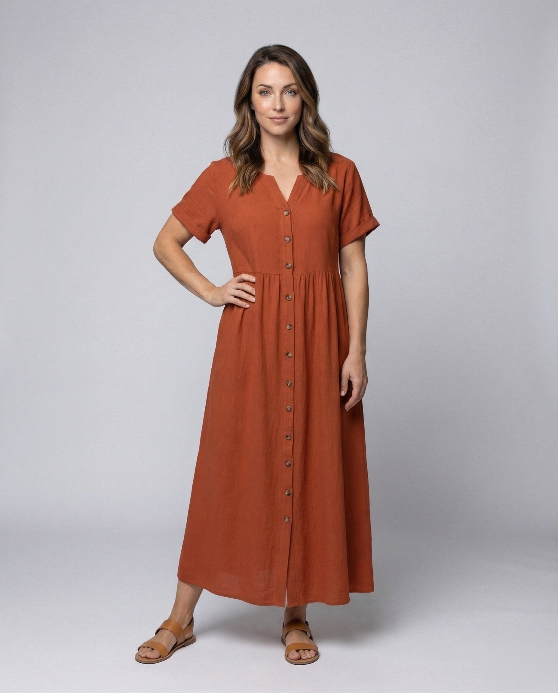 Damen Maxikleid Leinenoptik Kurzärmel Knöpfe Beige - Norvielle