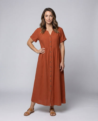 Damen Maxikleid Leinenoptik Kurzärmel Knöpfe Beige - Norvielle