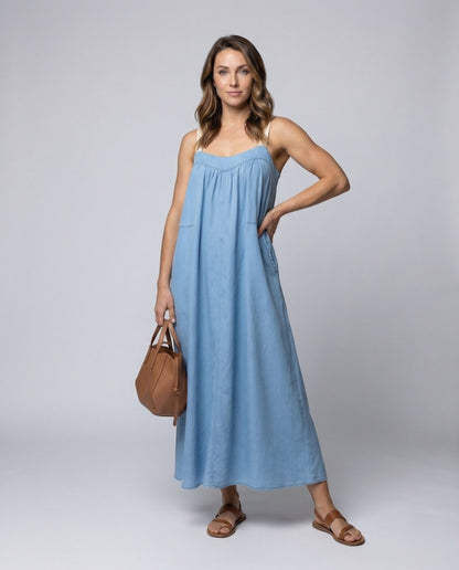 Damen Maxikleid mit Kontrastträgern und Eingrifftaschen - Norvielle