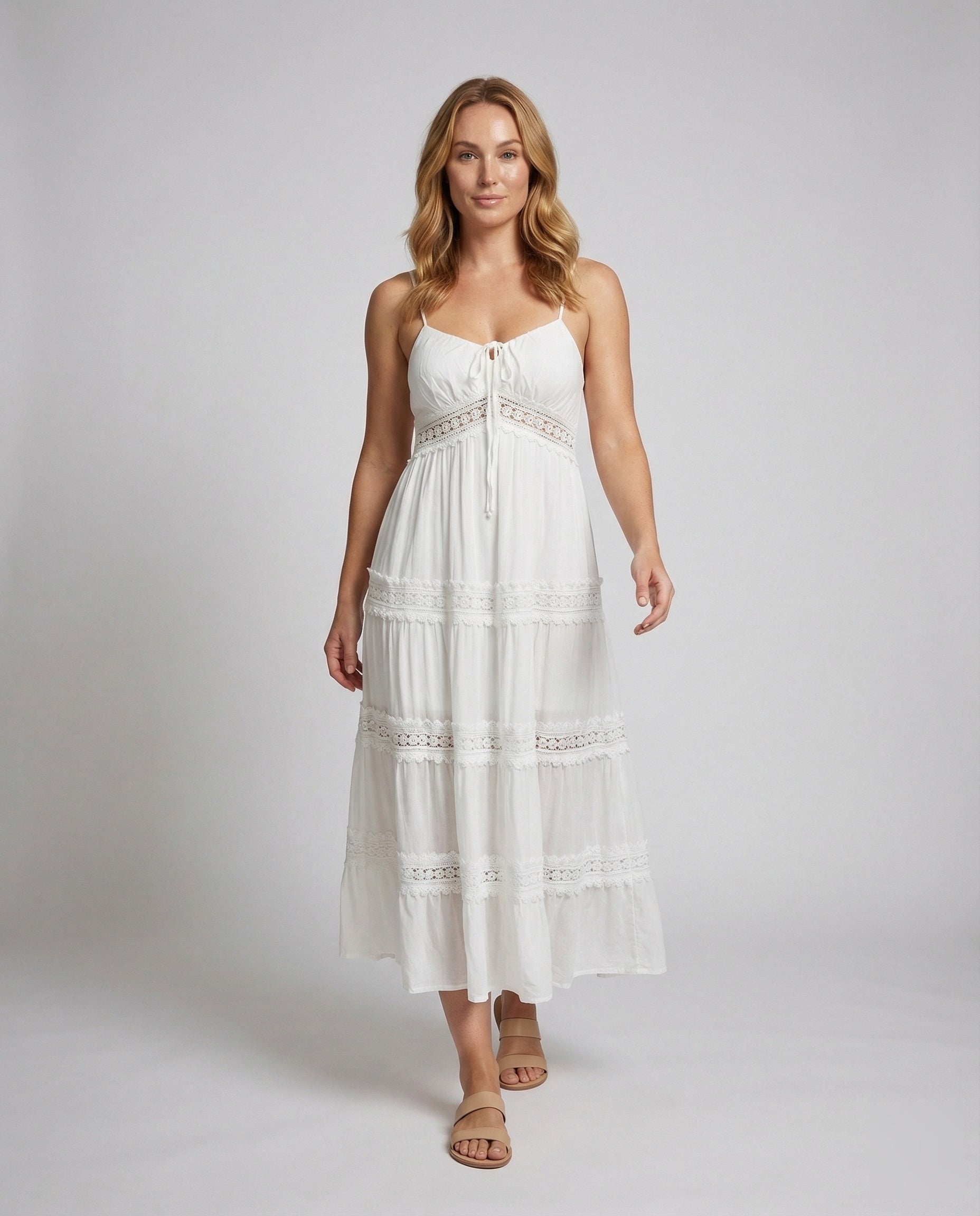 Damen Maxikleid mit Spitzen-Einsätzen und Stufenrock - Norvielle