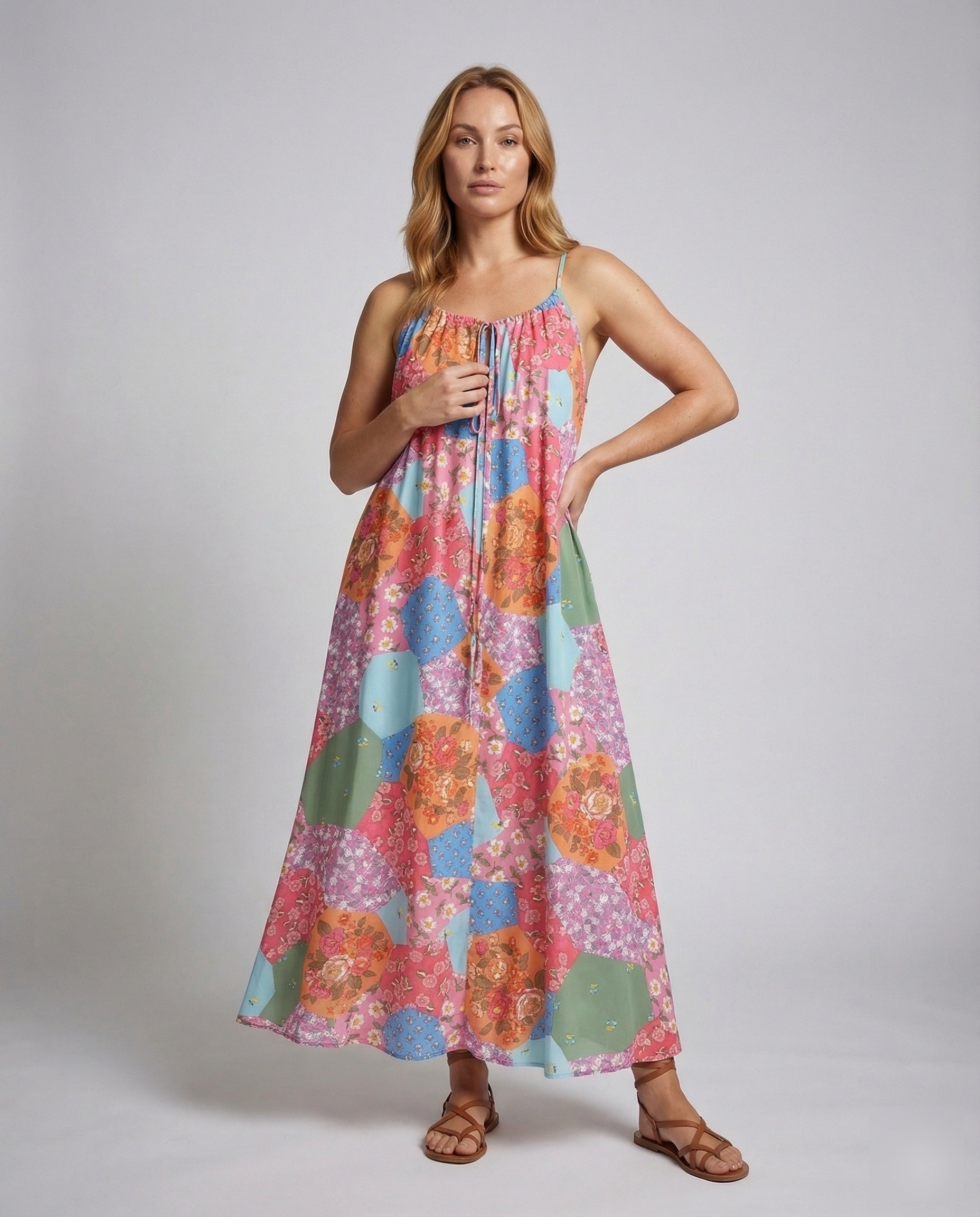 Damen Maxikleid Patchwork Spaghettiträger - Norvielle