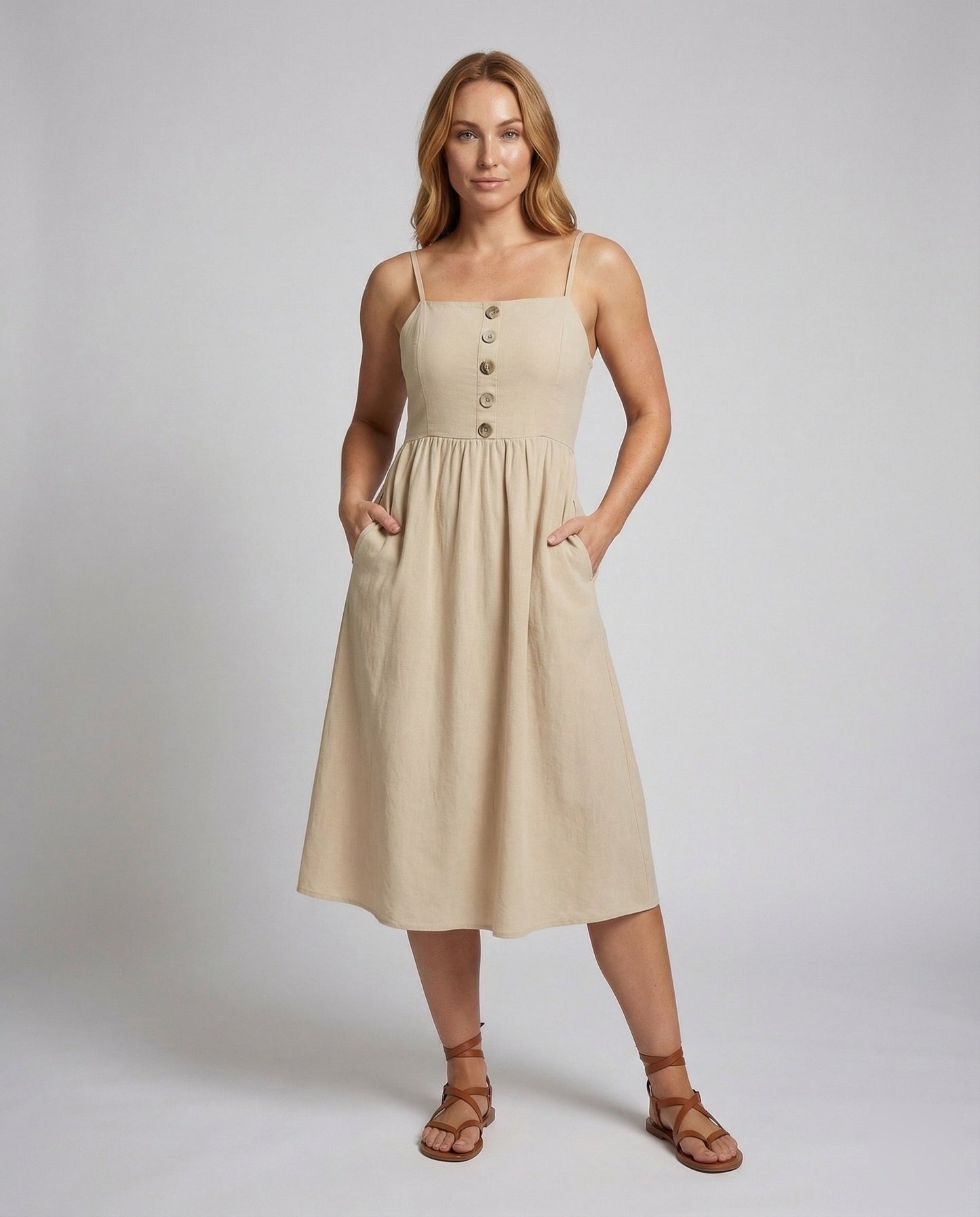 Damen Midikleid Spaghettiträger Zierknöpfe - Norvielle