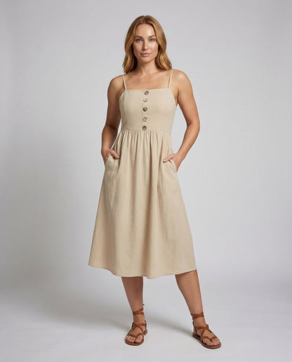 Damen Midikleid Spaghettiträger Zierknöpfe - Norvielle
