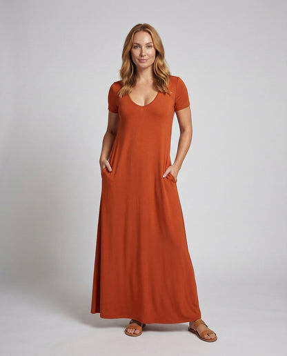 Damen Maxikleid Jersey V-Ausschnitt mit Taschen - Norvielle