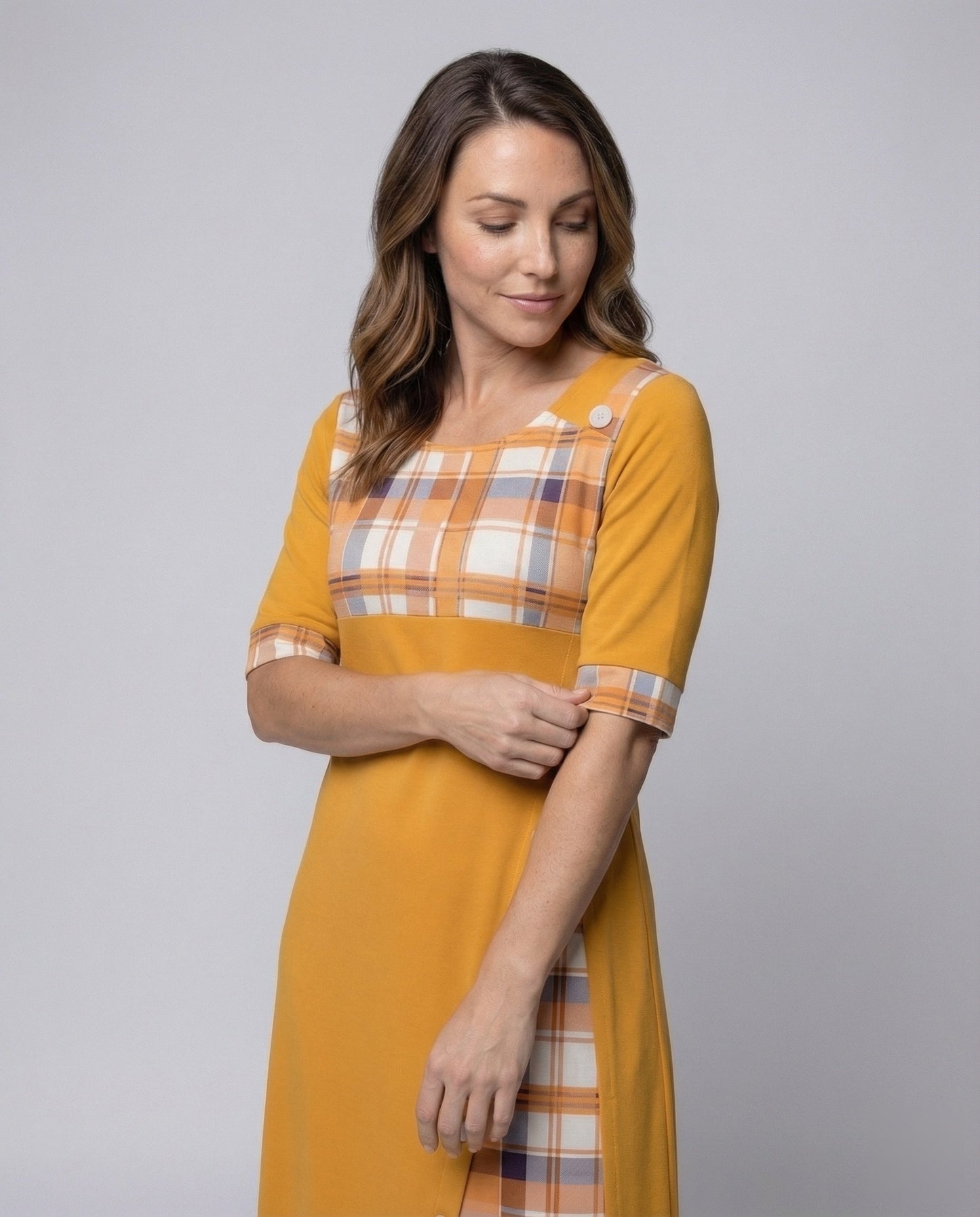 Damen Midikleid Kariert 3/4-Ärmel