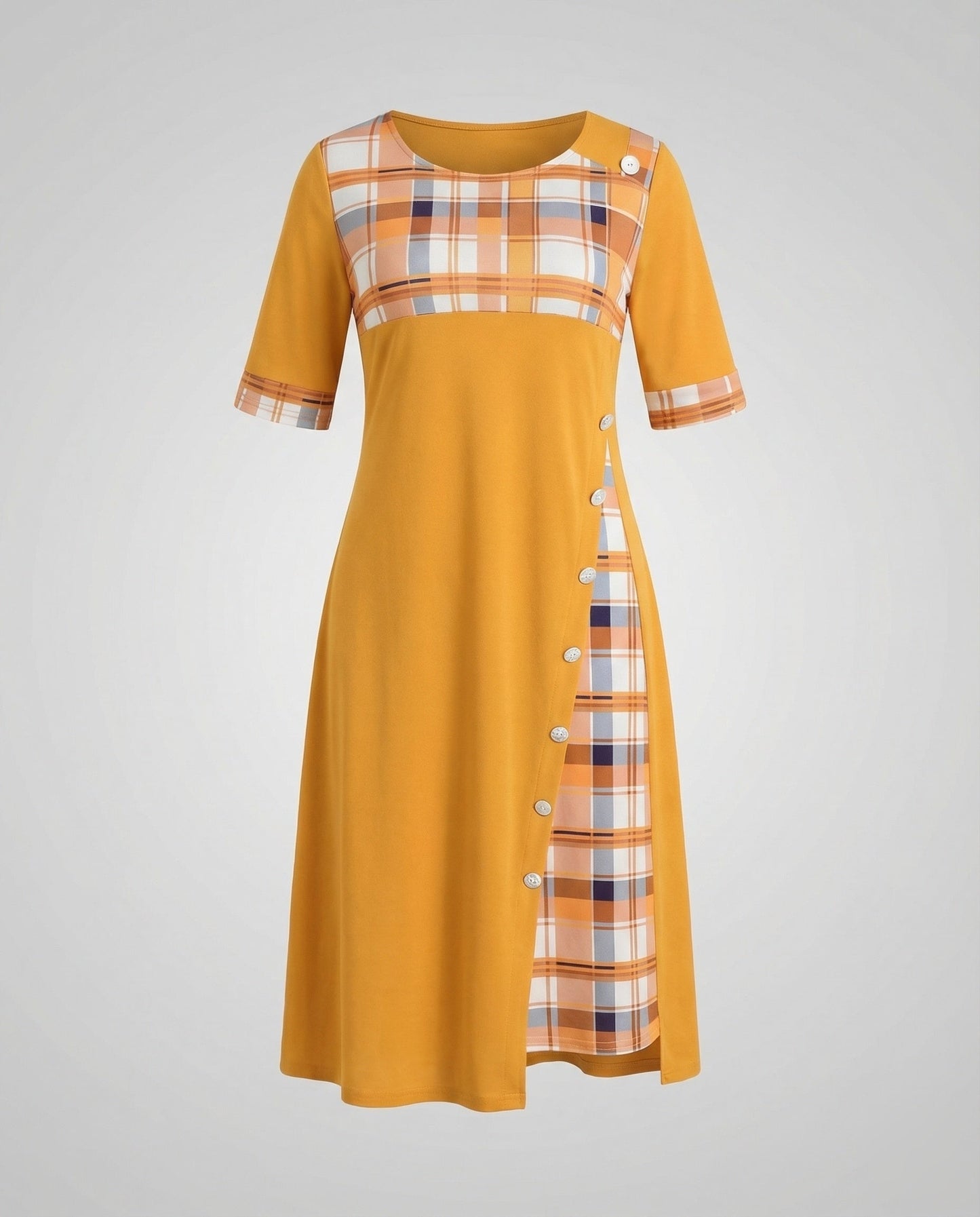 Damen Midikleid Kariert 3/4-Ärmel