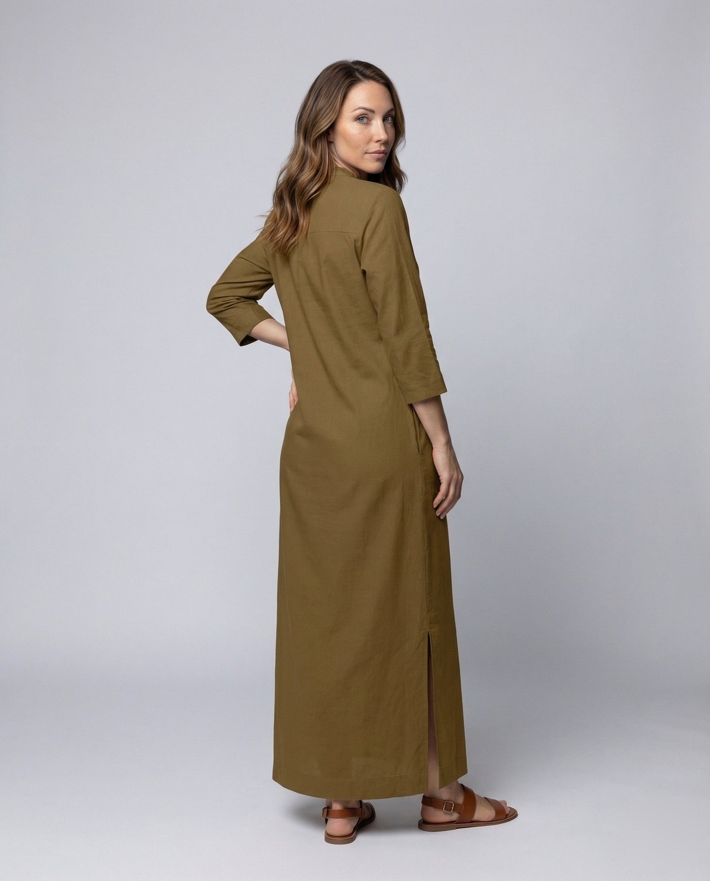 Damen Maxikleid Stehkragen Beinschlitz