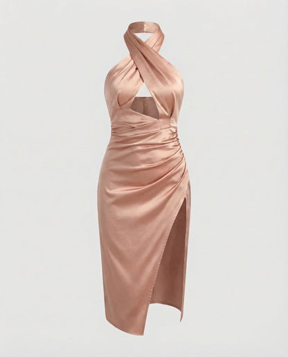 Damen Midikleid Neckholder Hohes Seitenschlitz