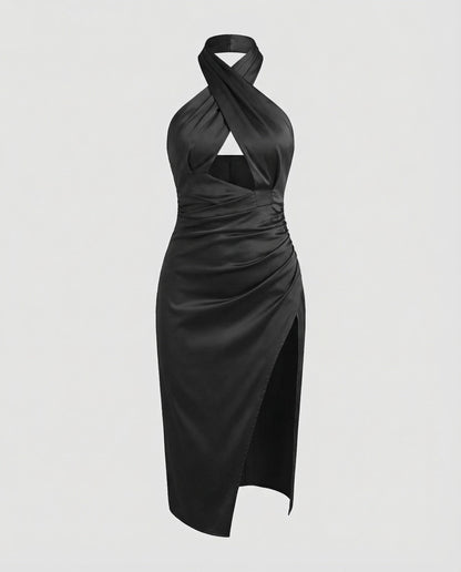 Damen Midikleid Neckholder Hohes Seitenschlitz