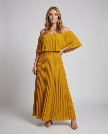 Damen Maxikleid Plissee Volant Carmen Ausschnitt - Norvielle