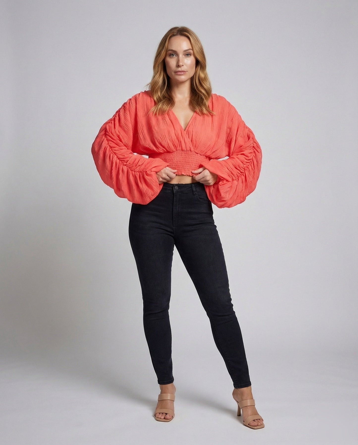 Damen Kurzbluse Plissiert Ballonärmel - Norvielle