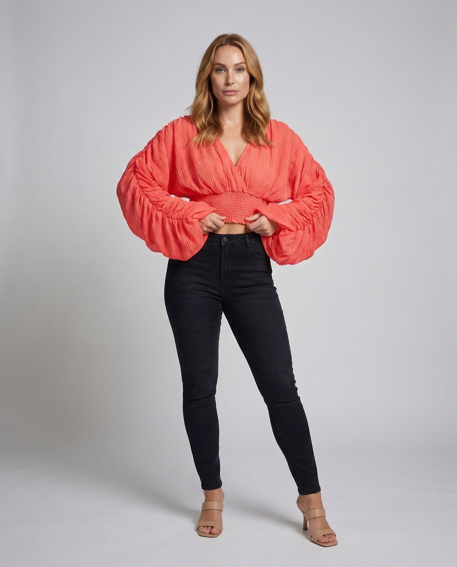 Damen Kurzbluse Plissiert Ballonärmel - Norvielle