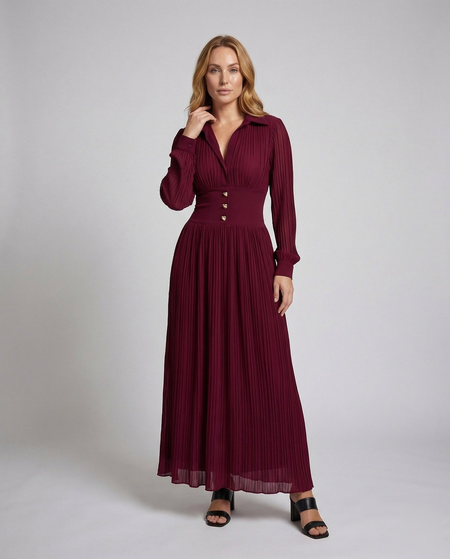 Damen Maxikleid Plissiert Mit Zierknöpfen - Norvielle