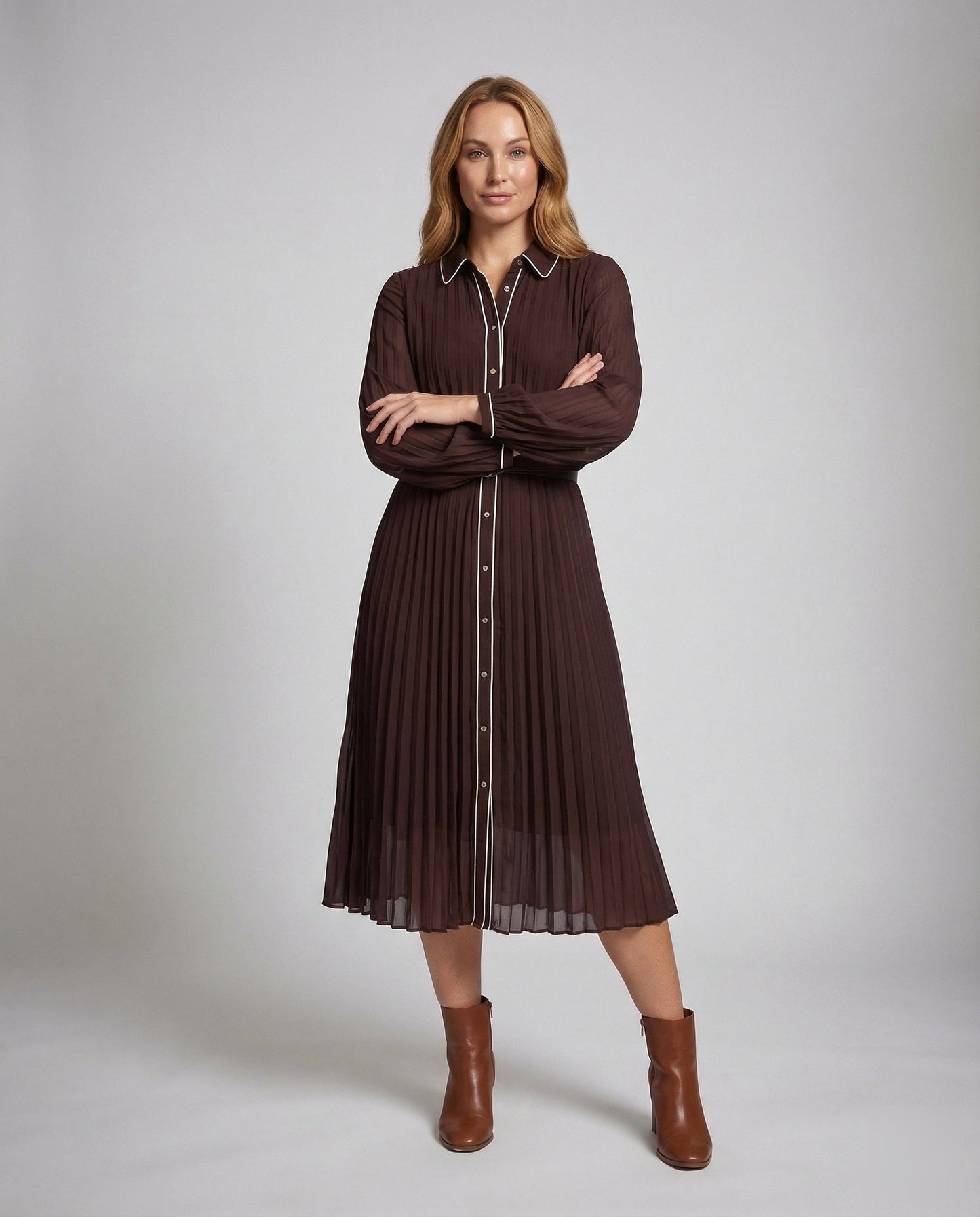 Damen Plissiertes Hemdblusenkleid mit Kontrastpaspel - Norvielle