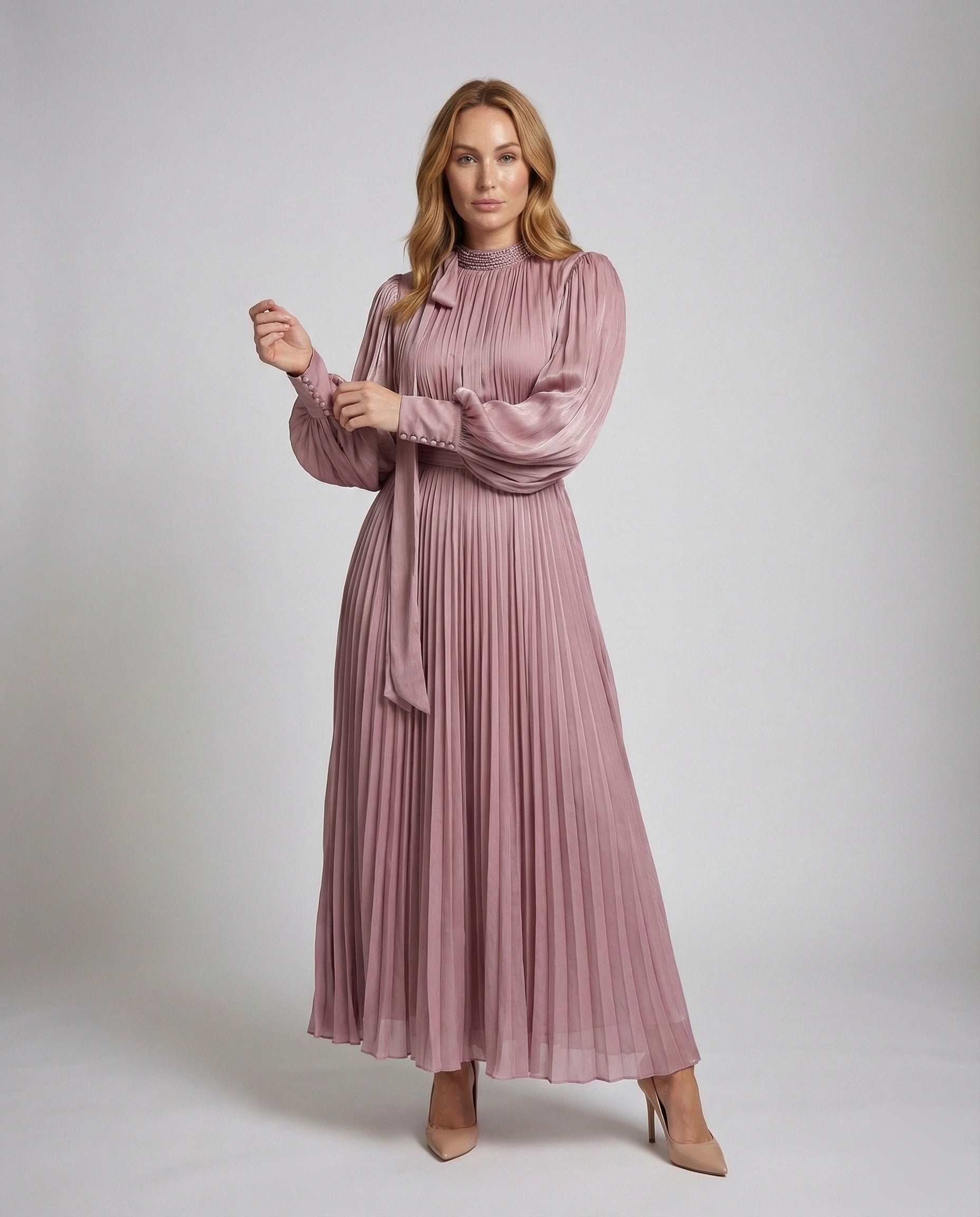 Damen Maxikleid Plissiert Ballonärmel Schleifenstola - Norvielle