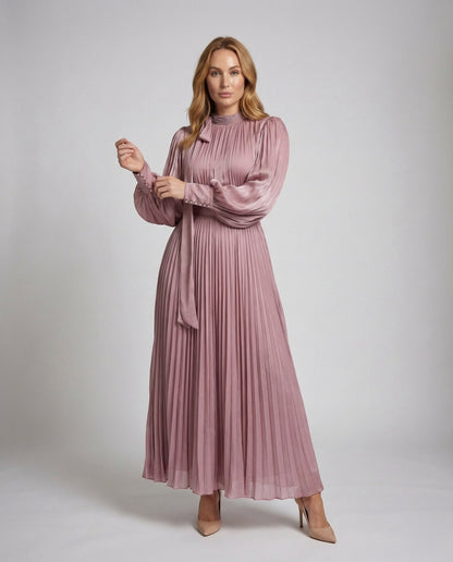Damen Maxikleid Plissiert Ballonärmel Schleifenstola - Norvielle