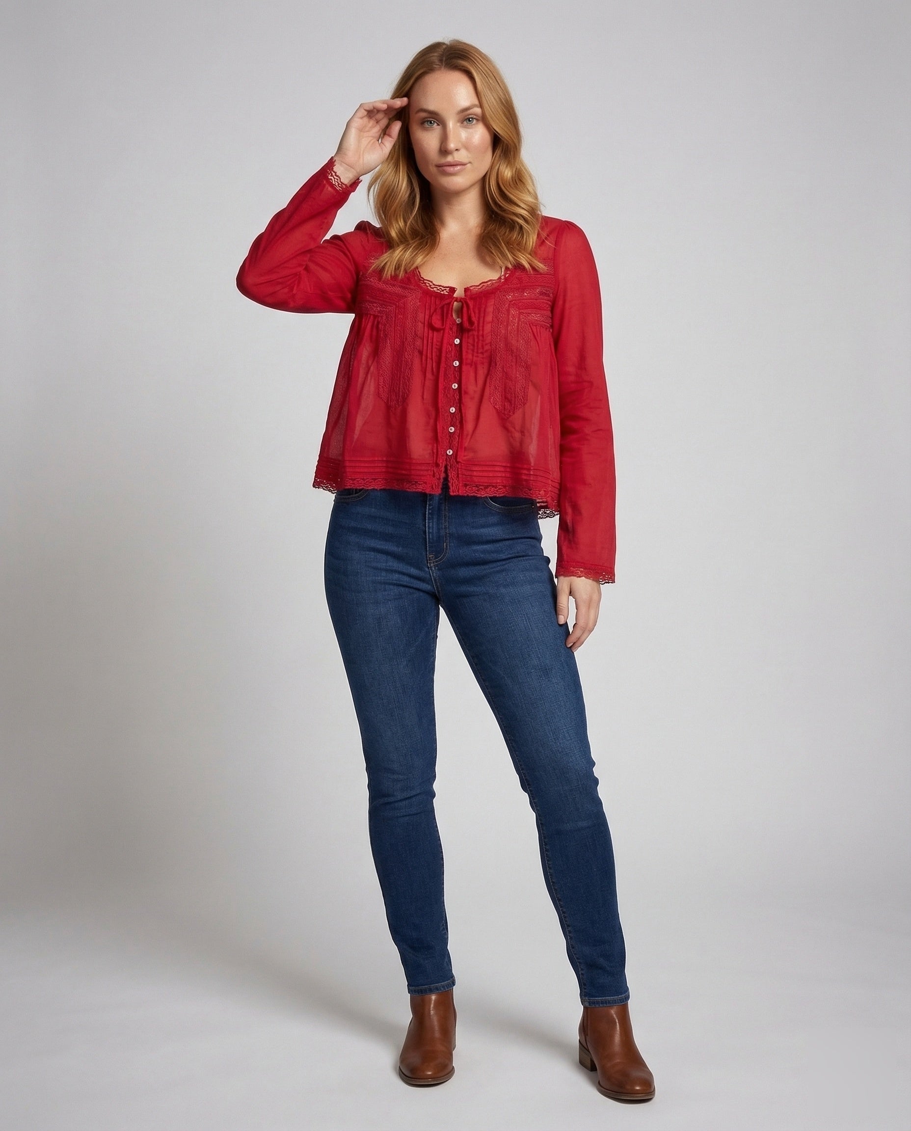 Damen Spitzenbluse Raffte Rückenpasse - Norvielle