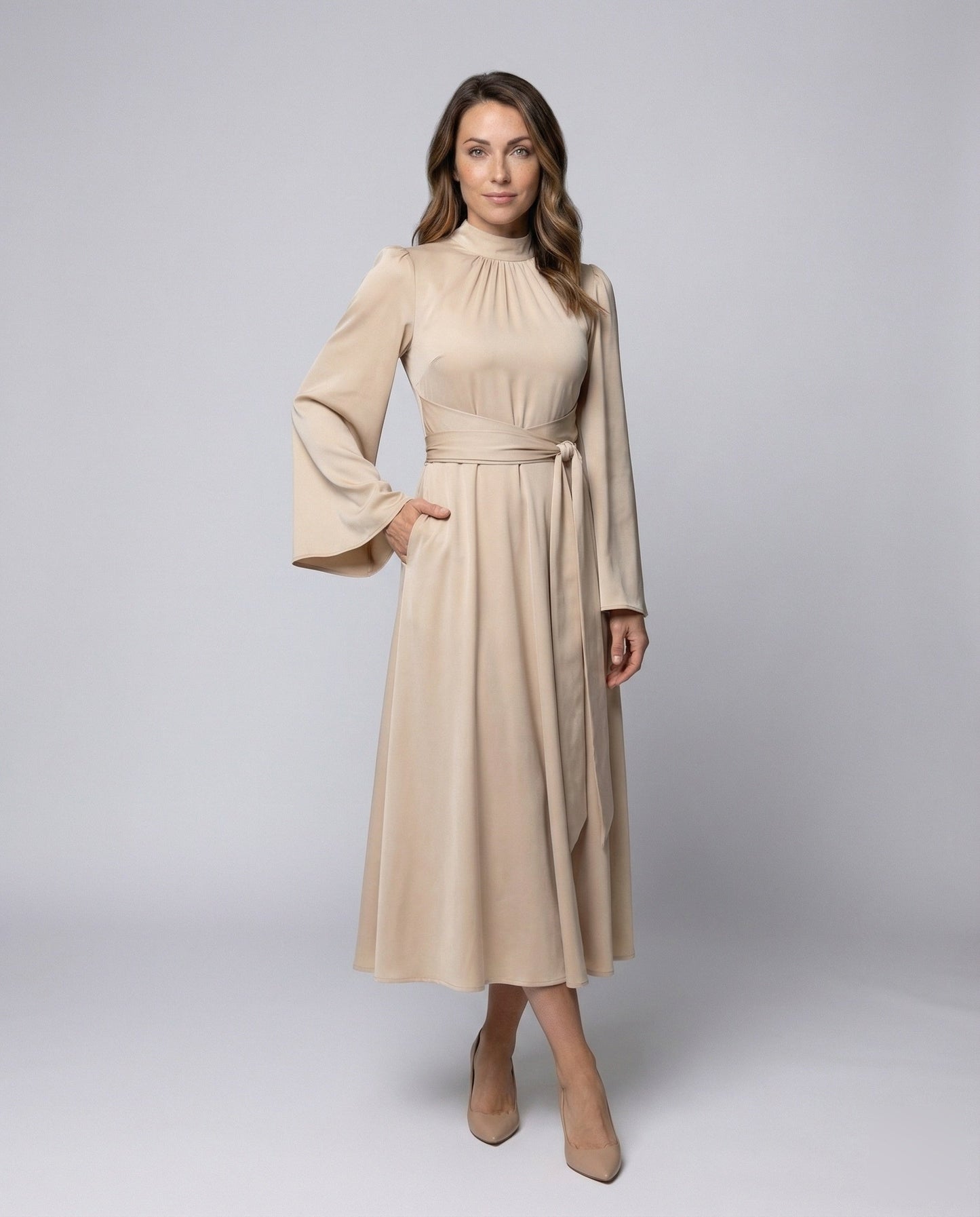 Damen Midikleid Satiniert Wickeltaillengürtel - Norvielle