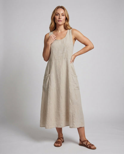 Damen Maxikleid Leinen Diagonale Teilungsnaht Beige - Norvielle