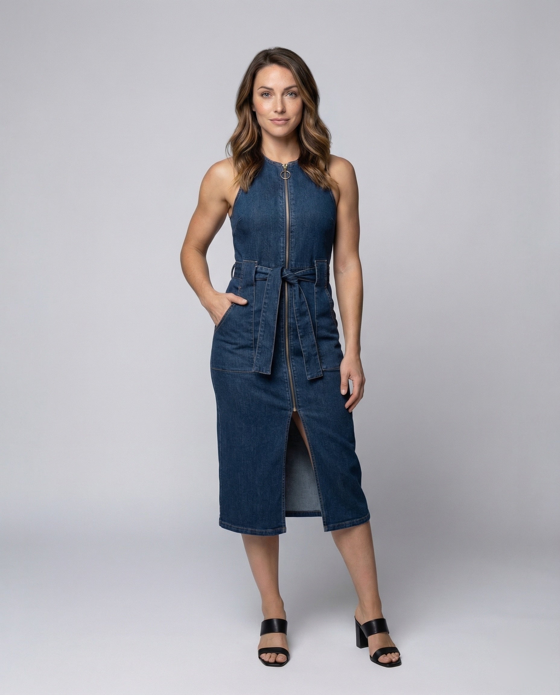 Damen Jeanskleid Mit Reißverschluss Taillengürtel - Norvielle