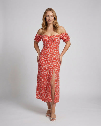 Damen Midikleid Geraffter Herzausschnitt Römisches Design - Norvielle