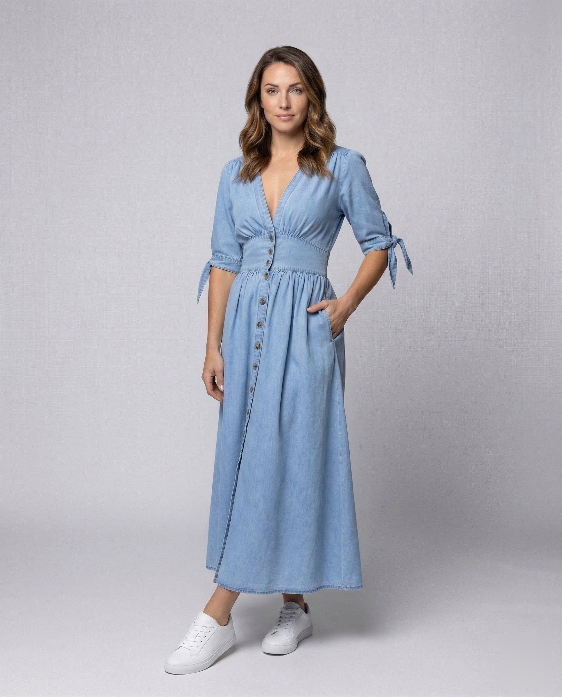 Damen Maxikleid Denim V-Ausschnitt Schleifenärmel - Norvielle