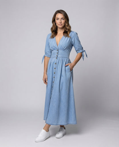 Damen Maxikleid Denim V-Ausschnitt Schleifenärmel - Norvielle