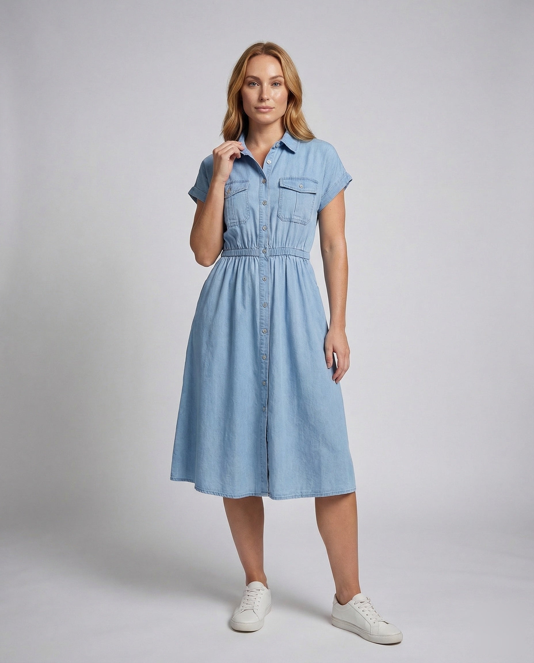 Damen Hemdblusenkleid Elastisch Schwarz - Norvielle