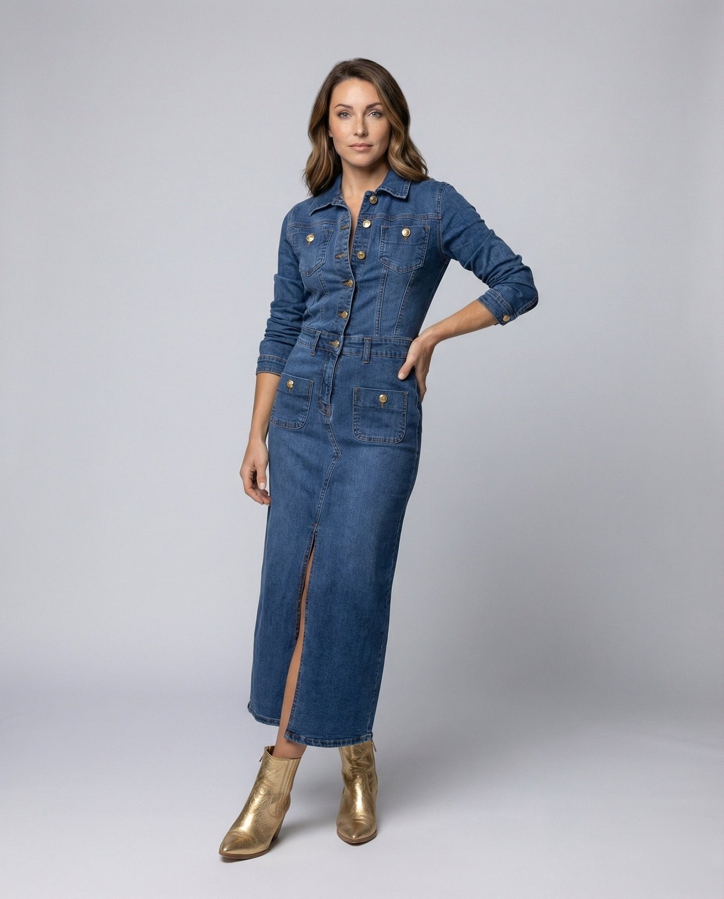 Damen Jeansmidikleid Korselettschnitt V-Ausschnitt Schwarz - Norvielle