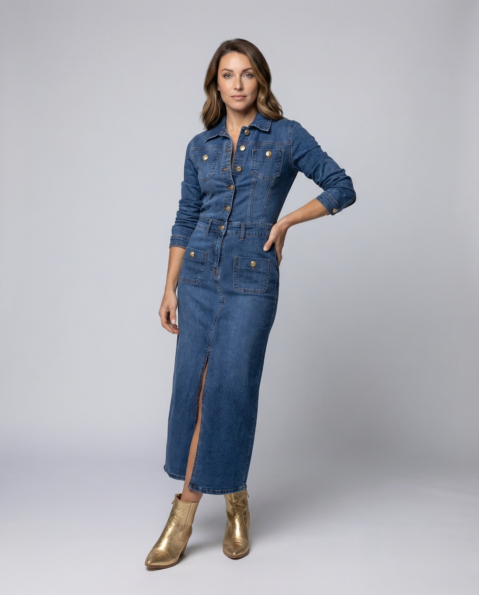 Damen Jeansmidikleid Korselettschnitt V-Ausschnitt Schwarz - Norvielle