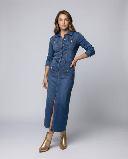 Damen Jeansmidikleid Korselettschnitt V-Ausschnitt Schwarz - Norvielle