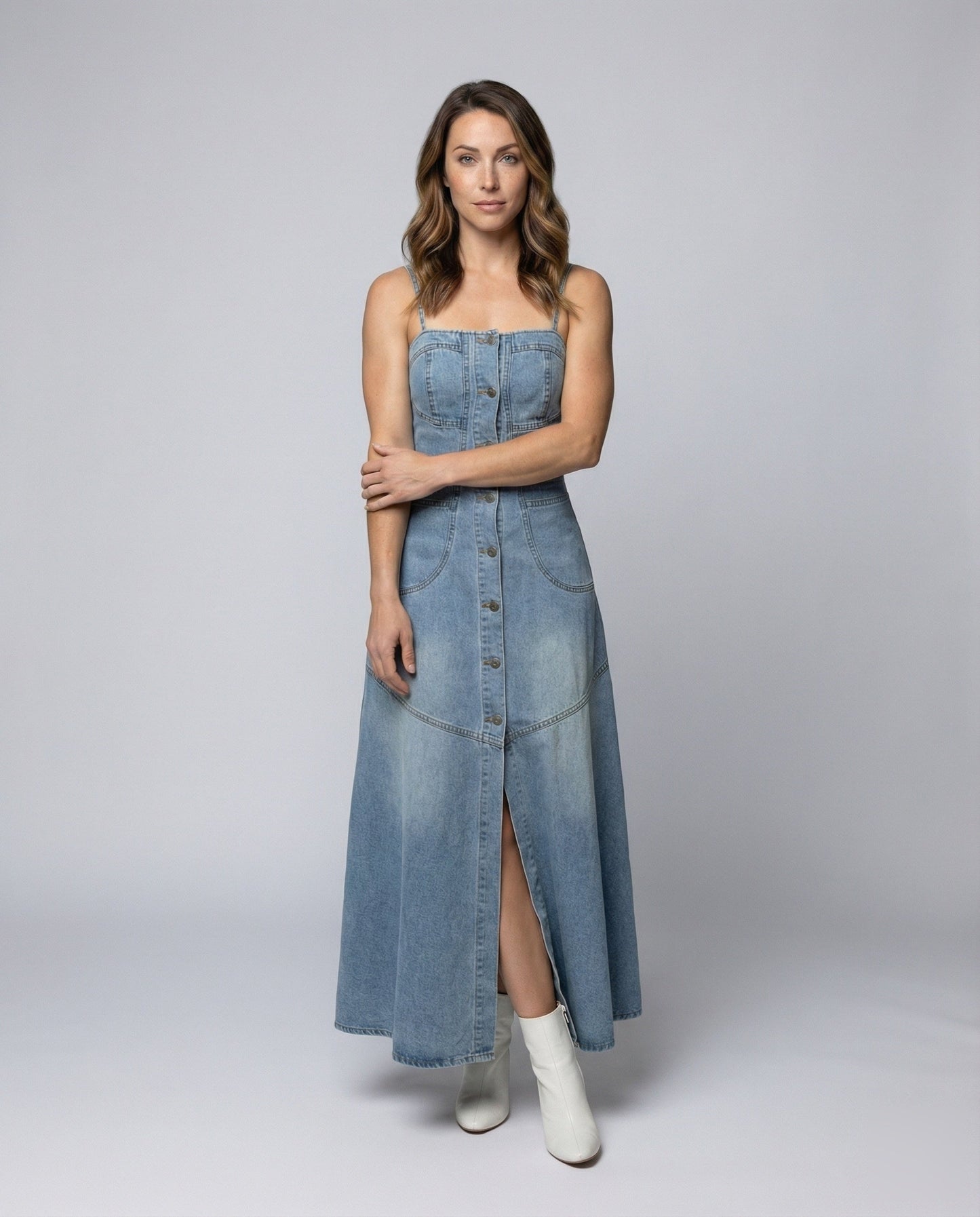 Damen Maxikleid Jeansstoff Verdeckte Knöpfe - Norvielle