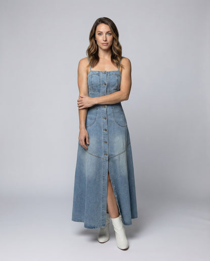 Damen Maxikleid Jeansstoff Verdeckte Knöpfe - Norvielle
