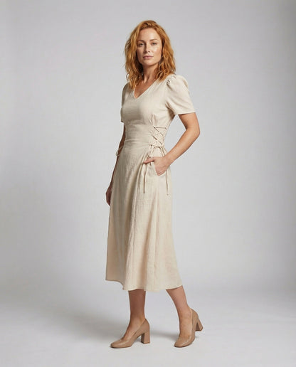 Damen Leinenmix Midikleid Puffärmel mit Taillenbändern - Norvielle