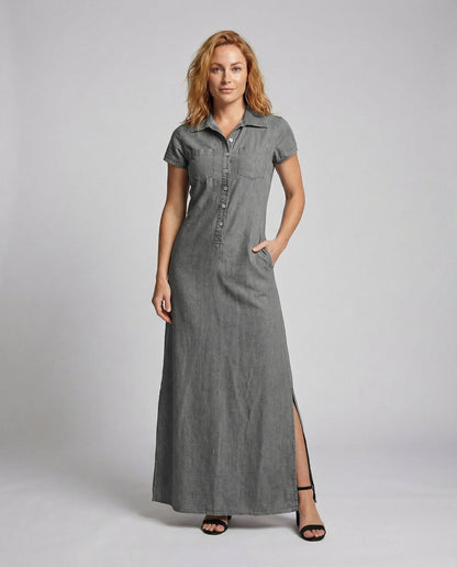 Damen Maxikleid Leinenoptik Mit Seitenschlitz - Norvielle