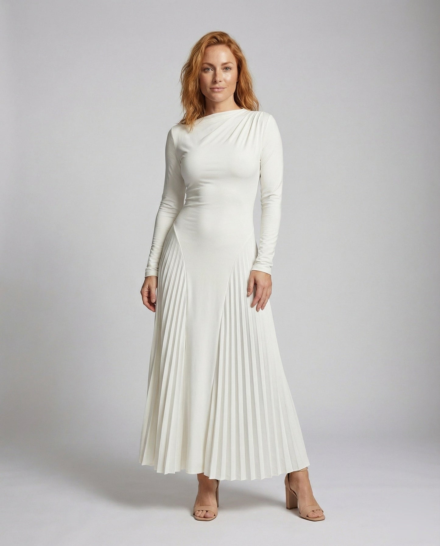 Damen Maxikleid Langarm Plissee-Einsätze - Norvielle