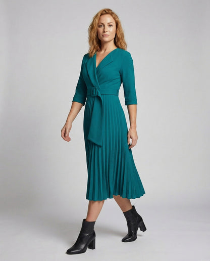 Damen Midikleid Plissierter Rock Reverskragen Schwarz - Norvielle