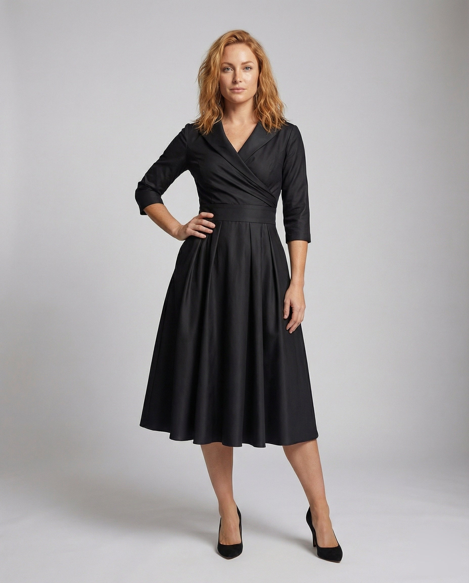 Damen Midikleid Mit Schalkragen Voluminöser Rock Schwarz - Norvielle