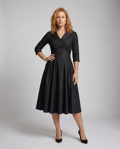 Damen Midikleid Mit Schalkragen Voluminöser Rock Schwarz - Norvielle