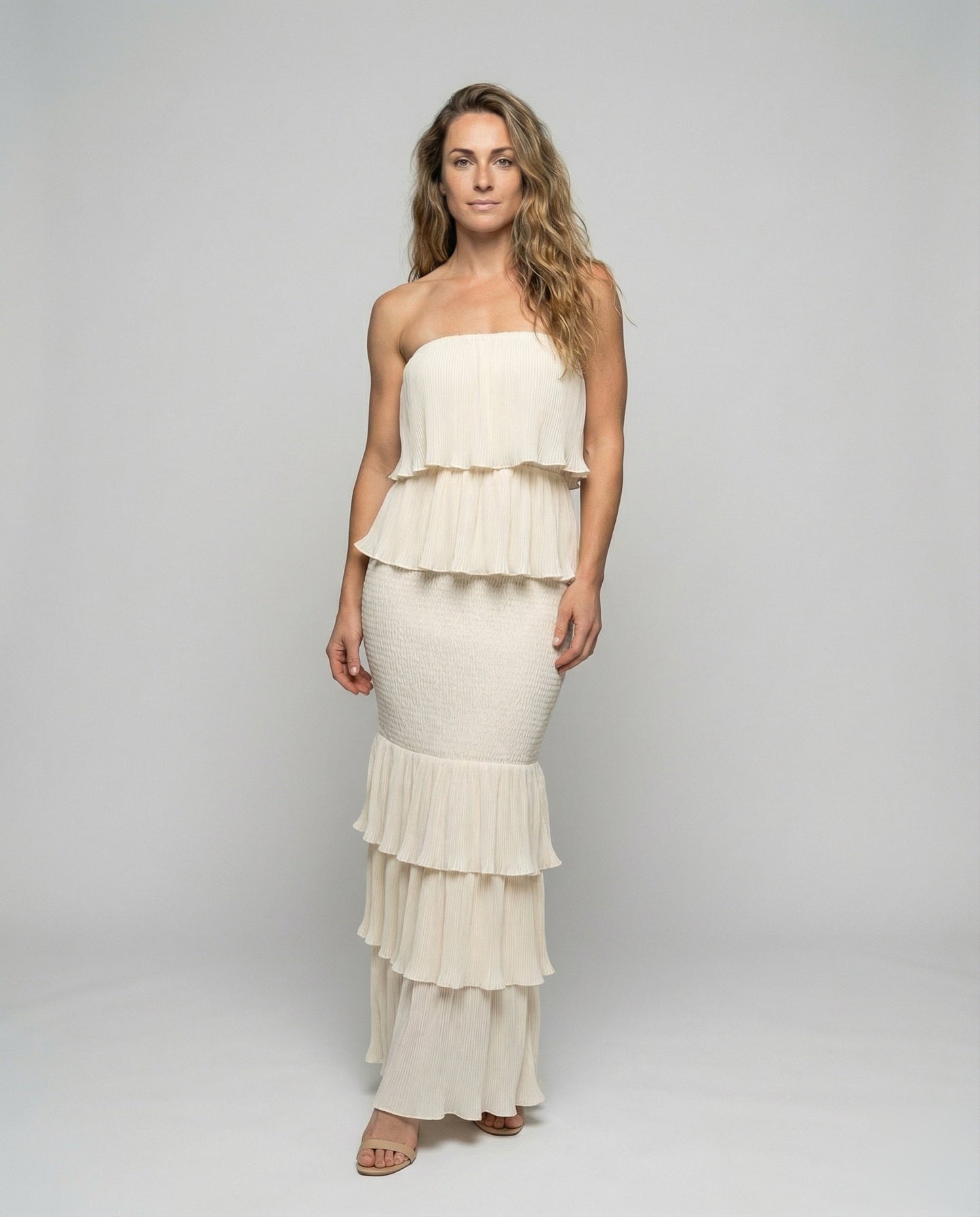 Damen Maxikleid Plissee Bandeau-Oberteil Volantrock - Norvielle