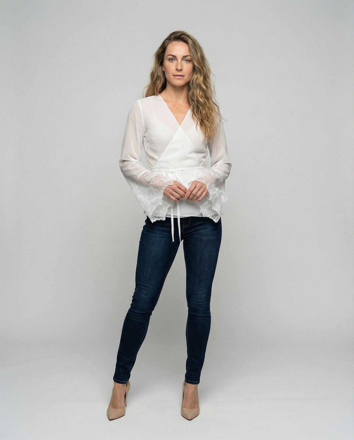 Damen Wickelbluse Chiffon Blütenapplikation - Norvielle