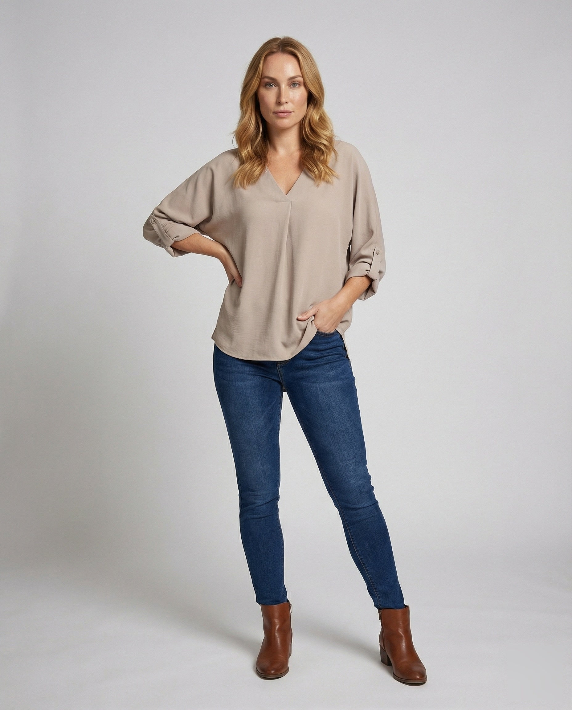 Damen Bluse V-Ausschnitt Kellerfalte - Norvielle