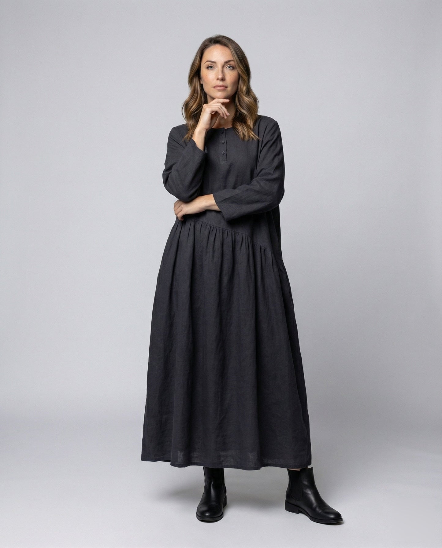 Damen Leinenkleid Geraffte Taille Knöchellang - Norvielle