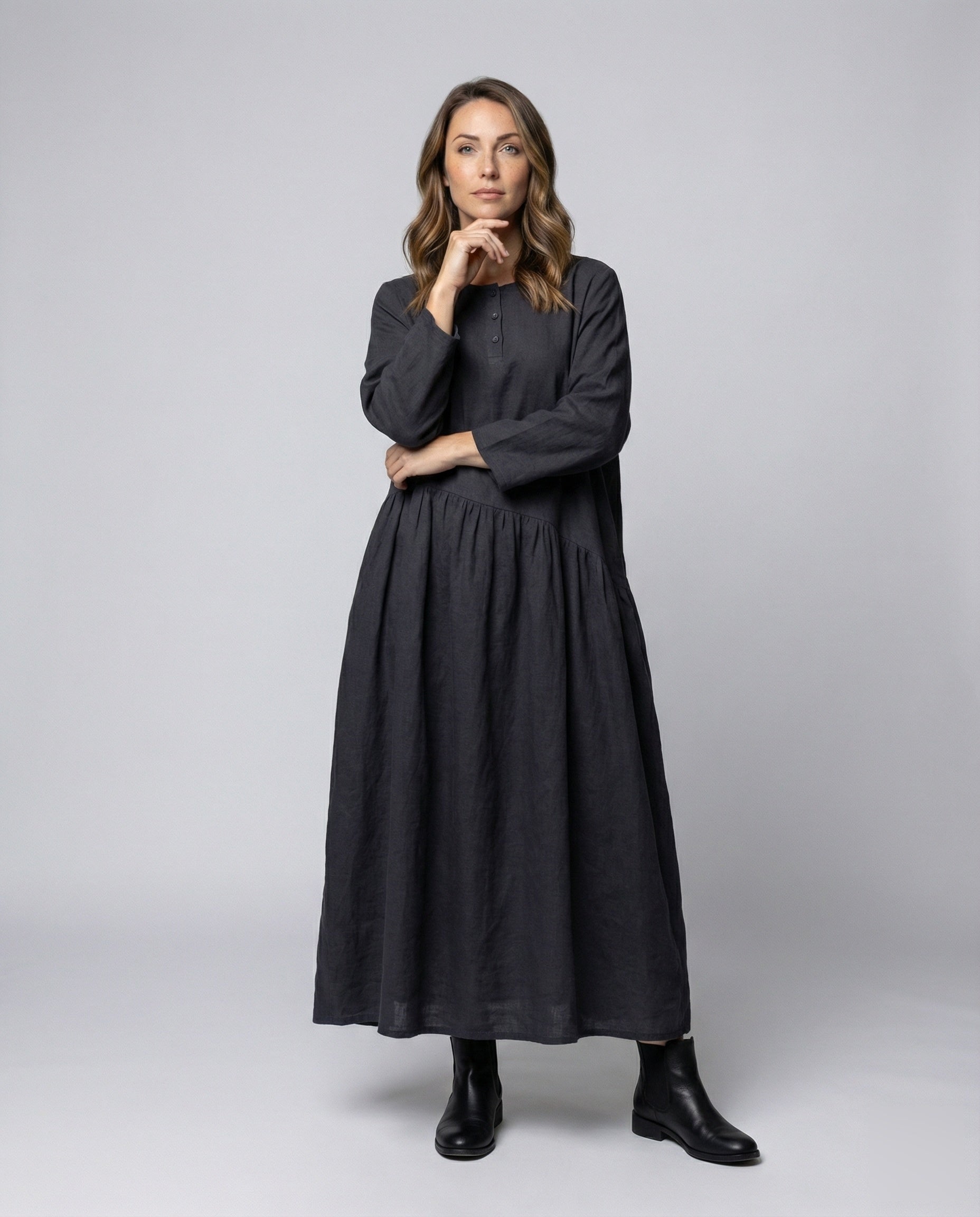 Damen Leinenkleid Geraffte Taille Knöchellang - Norvielle