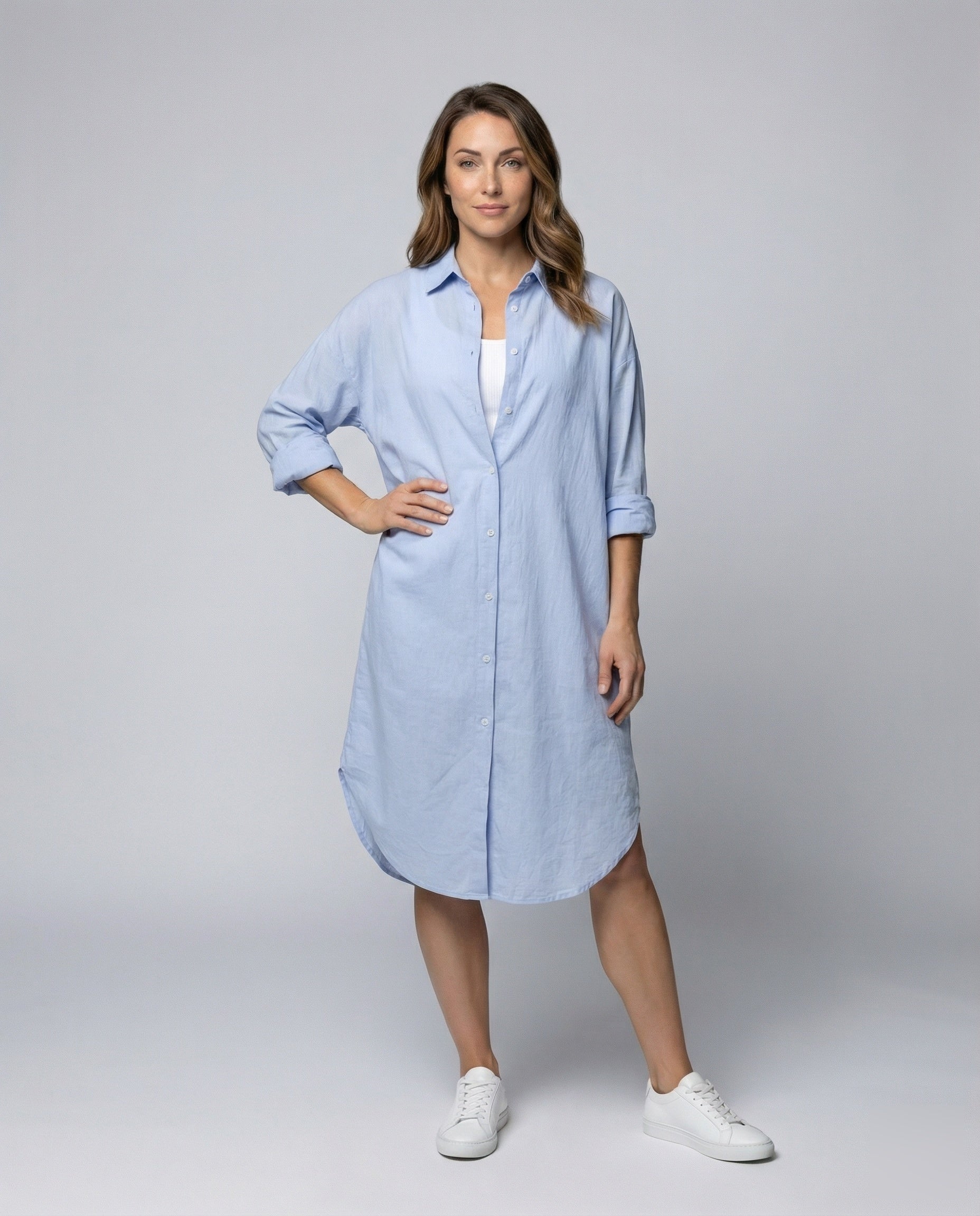 Damen Hemdkleid Krepp Optik Ärmel Krempelbar - Norvielle