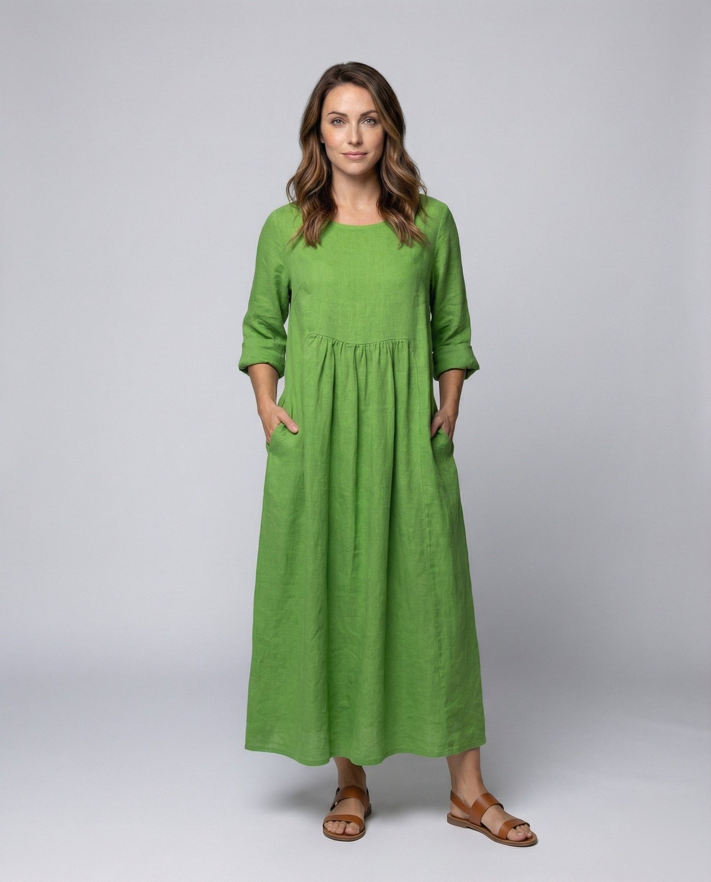 Damen Leinenmaxikleid mit Unterbrustnaht und Dreiviertelärmeln - Norvielle